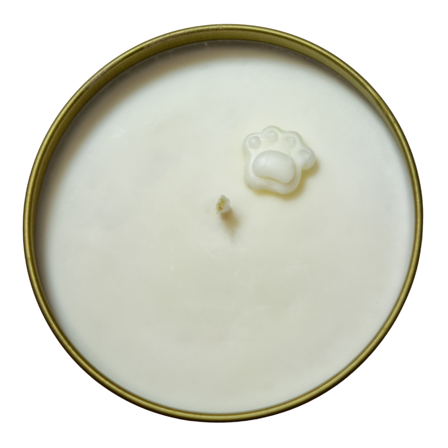 Image of a round white handmade coconut soy Candle Tin - Gold, topped with a small paw print decoration.