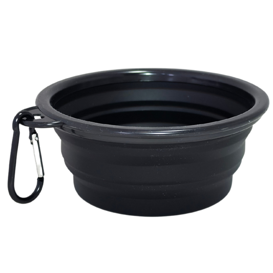 Image of a black collapsible silicone pet bowl with a black carabiner clip attached to the side, shown on a plain white background.