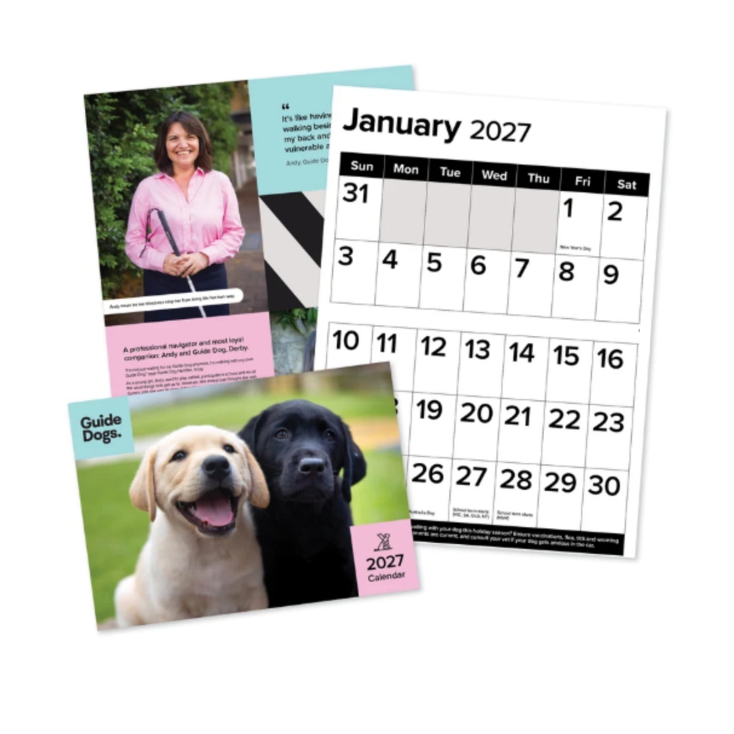 Image of a 2027 Guide Dogs calendar page spread showing January, with a cover photo of two dogs and a lifestyle photo of a woman, displayed on a clean white background.