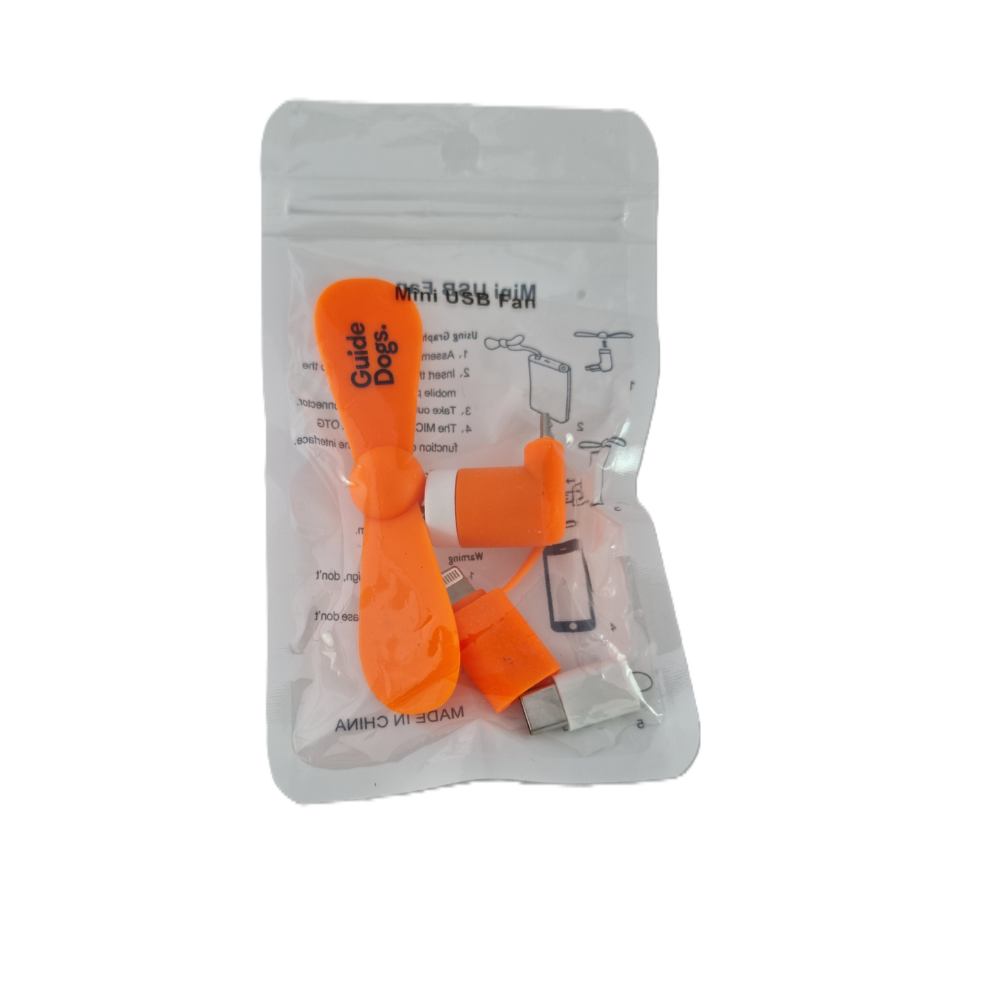 Image of Phone Fan: orange USB personal fan for phone in clear packaging with visible instructions.