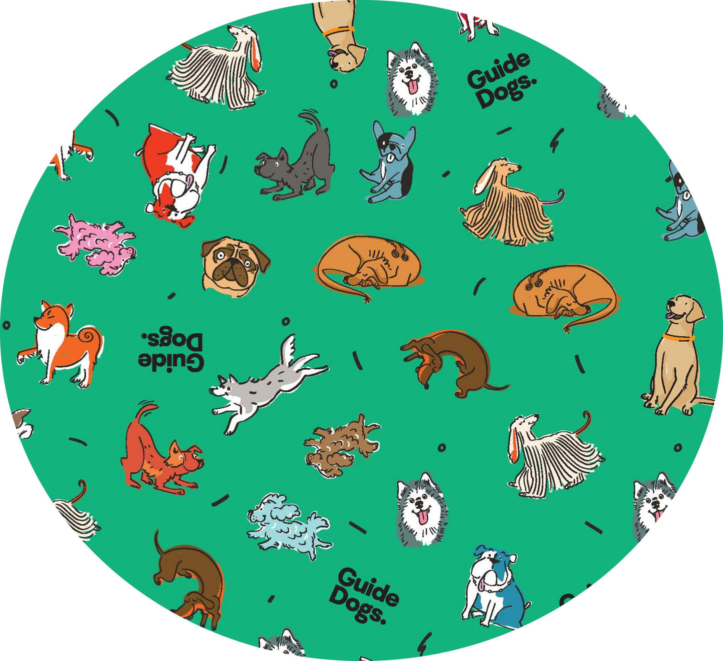 Image of circle of the green bandana featuring cartoon dogs, "Guide Dogs" text, and bone pattern.