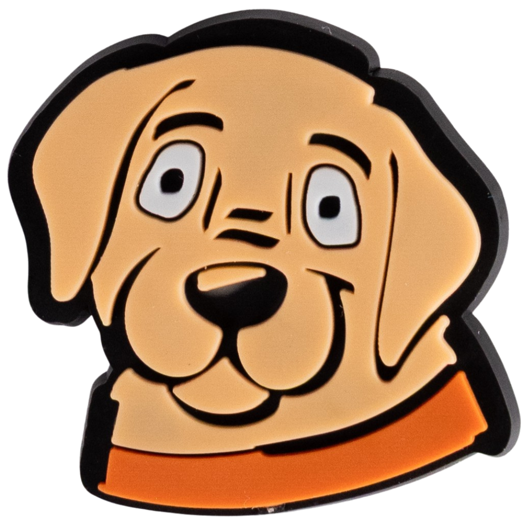 Image of Cartoon tan dog with floppy ears and orange collar.