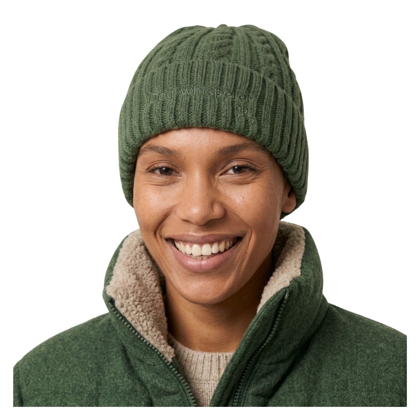 Image of a smiling woman wearing a dark green ribbed knit beanie and a matching green fleece jacket with a beige sherpa-lined collar, photographed against a plain white background.