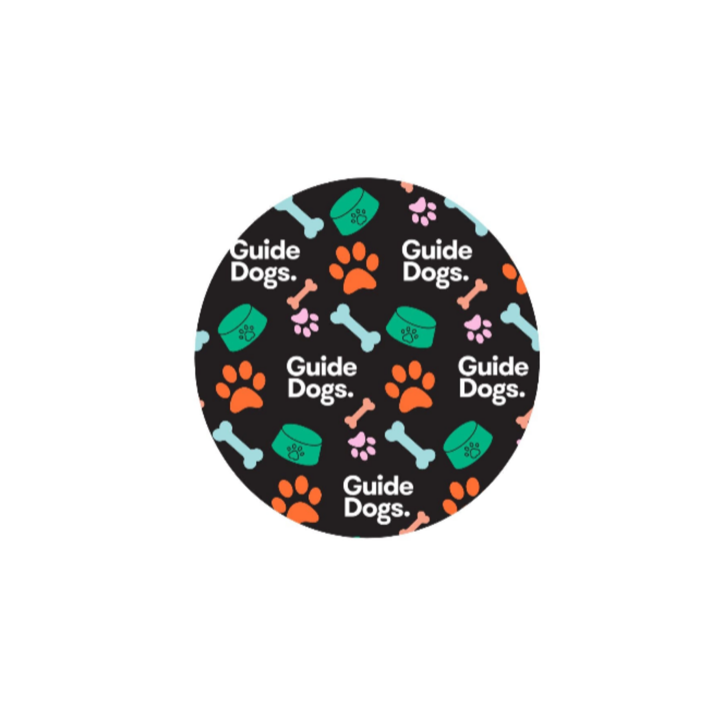 image of a black circle with 'Guide Dogs' text and paw print design on a white background.