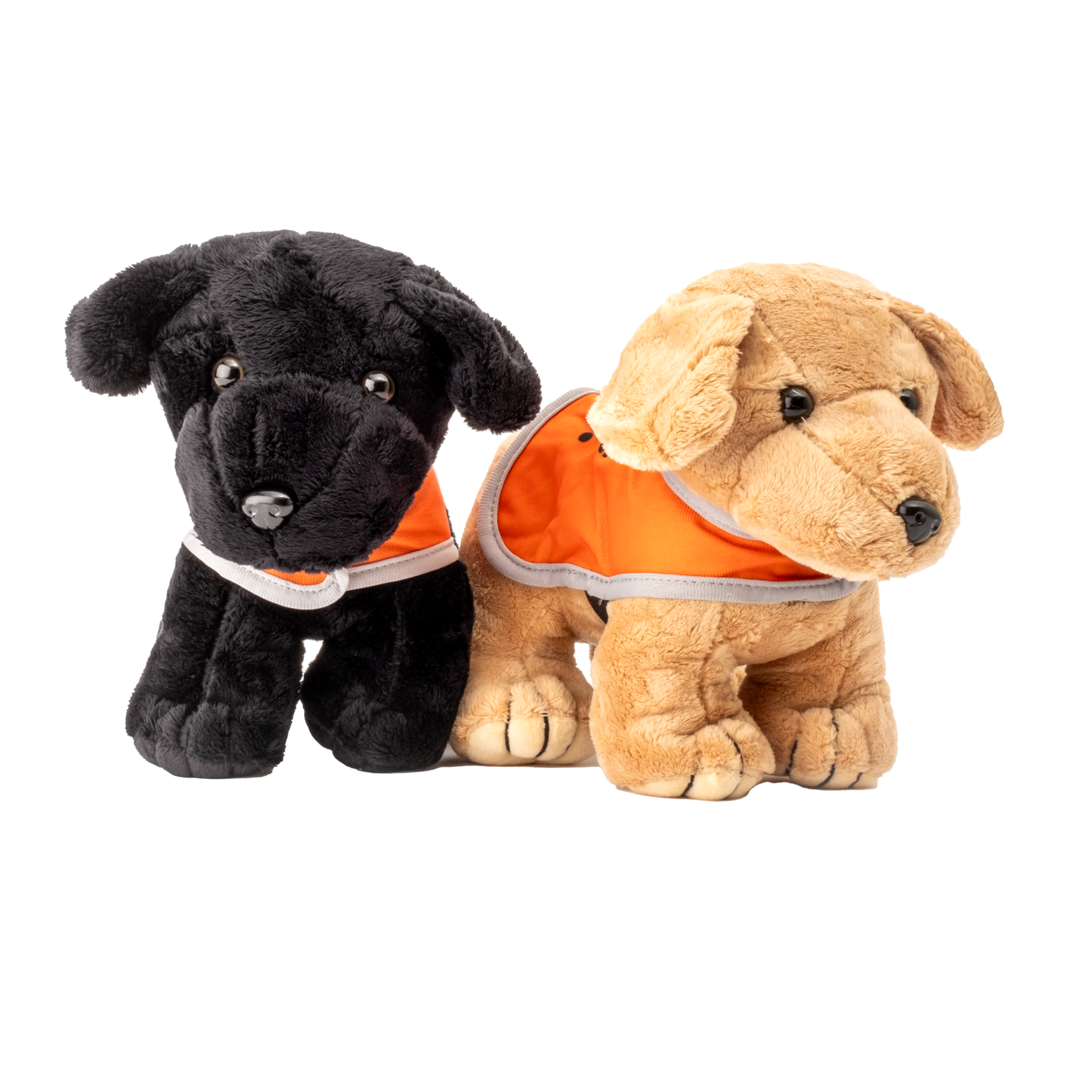 Two plush toy dogs, one black and one light brown, both wearing orange vests with gray trim, stand side by side on a white background.
