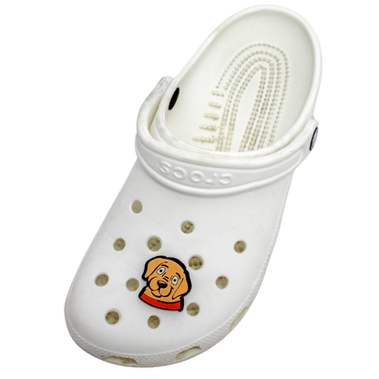 Image of a white clog shoe with a beige puppy face with orange collar Shoe Charm on the front.