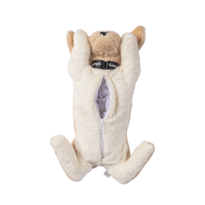 Image of PJ Puppy Plush lies on its back with a zippered belly for pyjama storage, revealing a soft white interior.