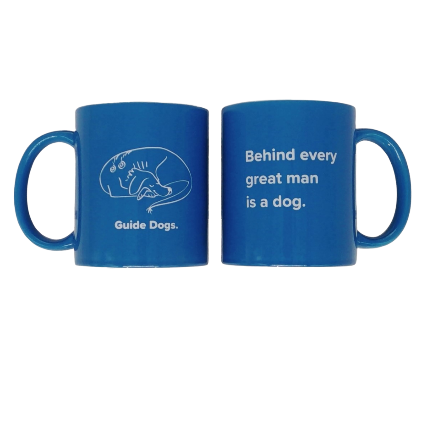 Image of two blue ceramic mugs: one with a dog graphic and Guide Dogs, the other reads "Behind every great man is a dog.