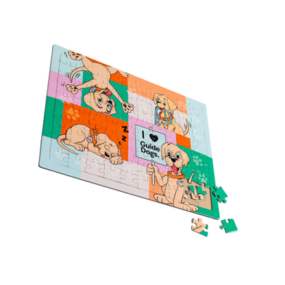 Image of a jigsaw puzzle with dog-themed design on a white background