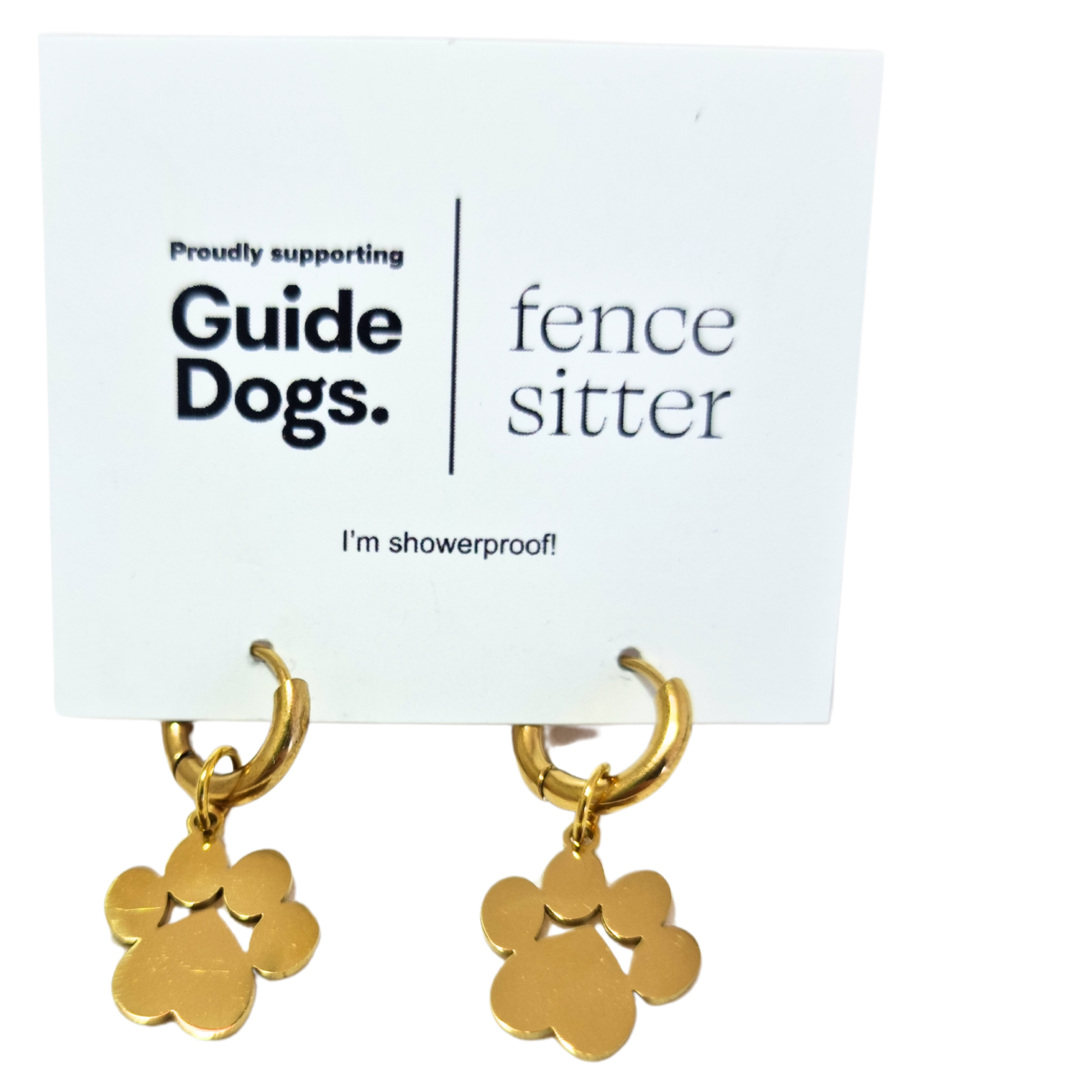 Image of gold paw-shaped earrings on a card with 'Guide Dogs' and 'fence sitter' text.