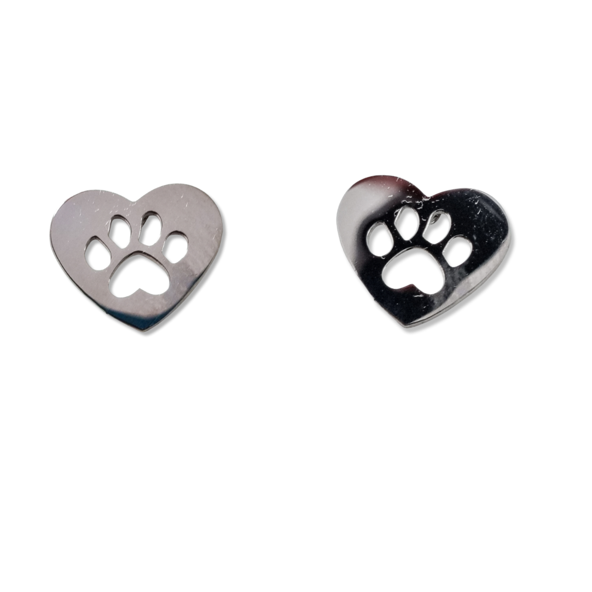 Image of a pair of silver, heart shape earrings with cut-out paw prints displayed on a white background.