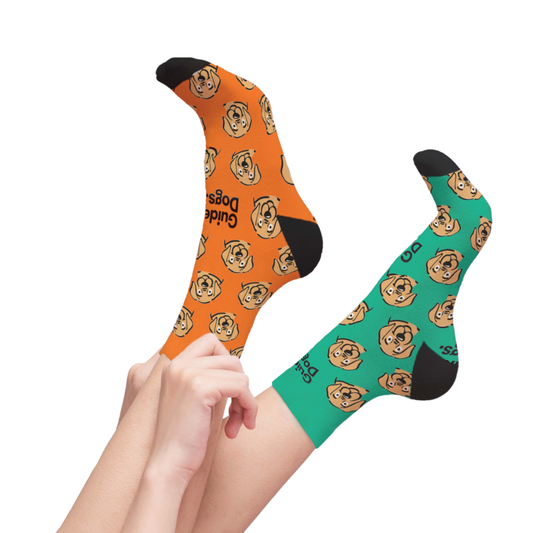 Image of Two feet wear mismatched Socks - Coloured with cartoon dog faces; one sock is orange, the other green.