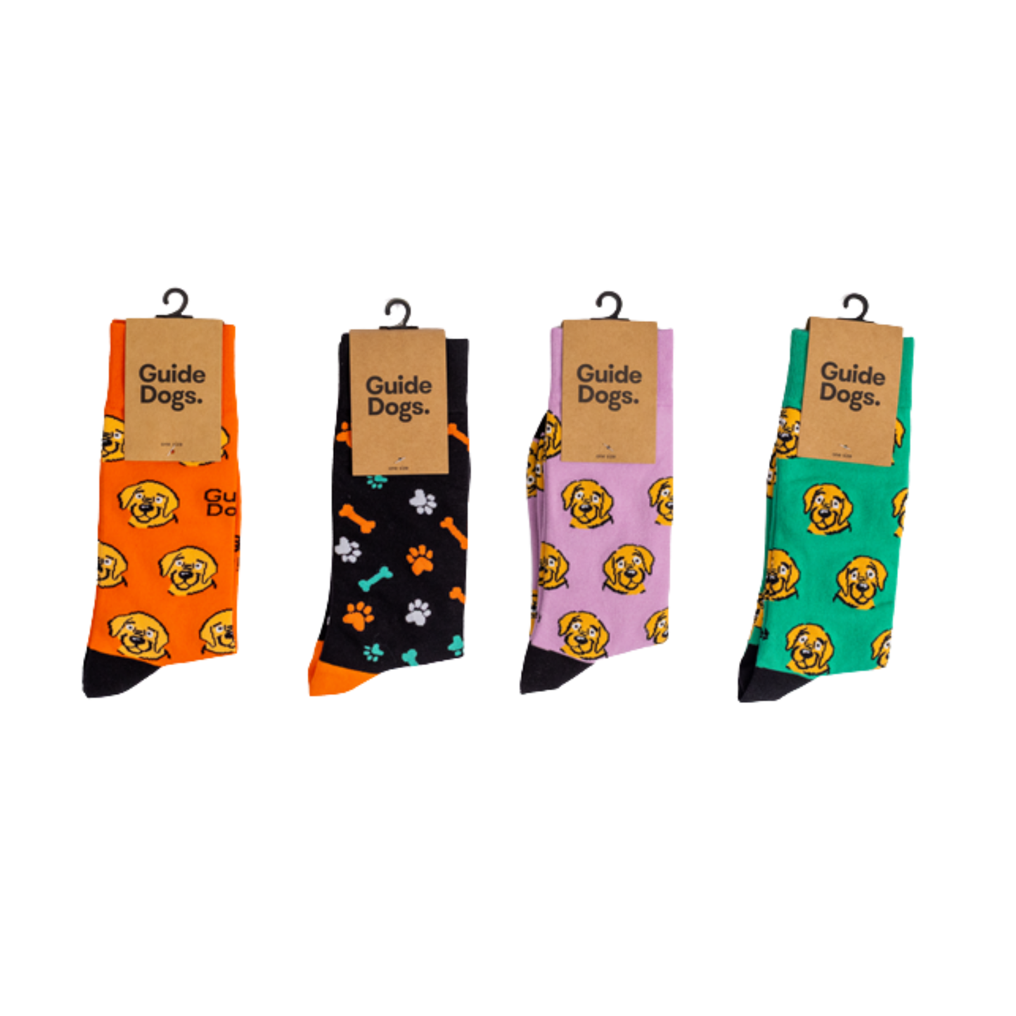 Image of Four pairs of Socks - Coloured with dog and paw prints, labeled Guide Dogs, fit most adult foot sizes.