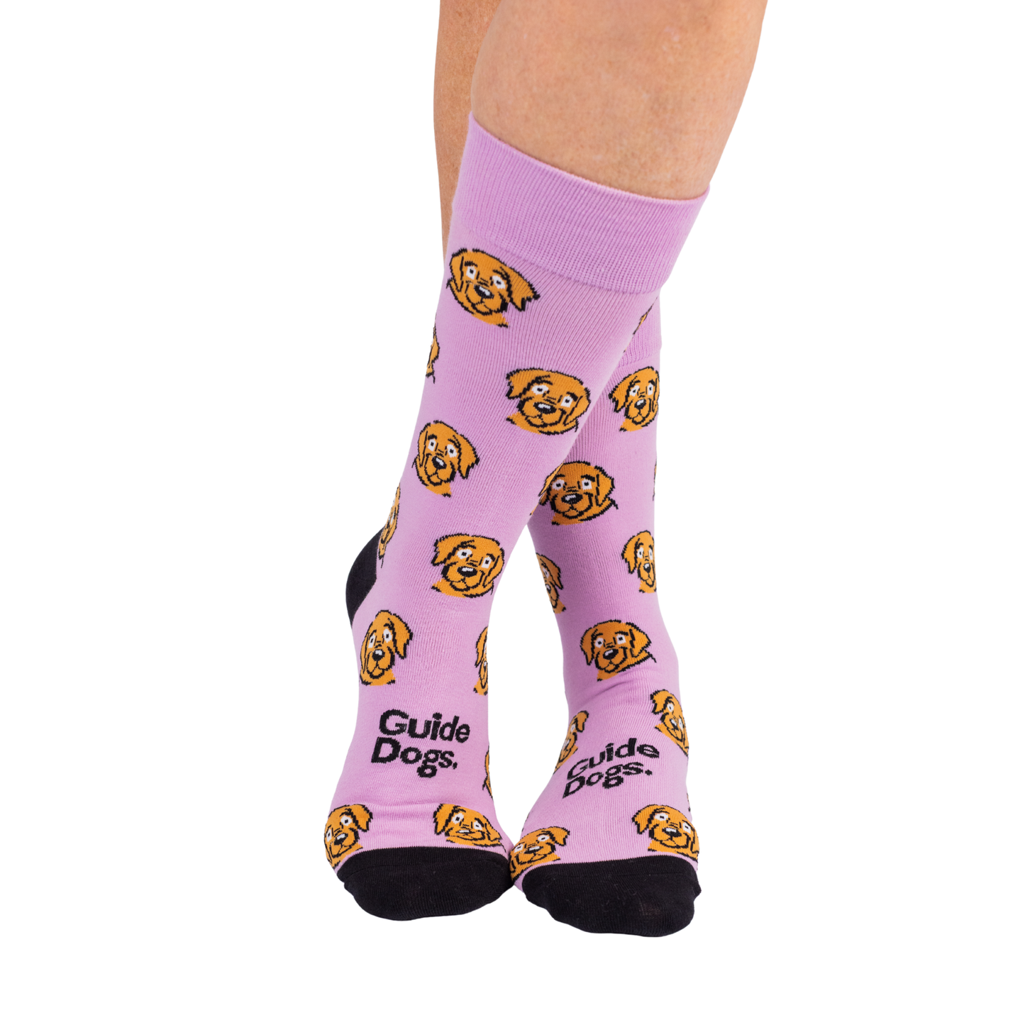 Image of Socks - Coloured with yellow dog faces and Guide Dogs text, shown on crossed adult feet.