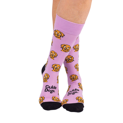 Image of Socks - Coloured with yellow dog faces and Guide Dogs text, shown on crossed adult feet.