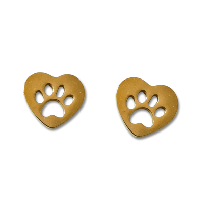 Image of a pair of gold, heart shape earrings with cut-out paw prints displayed on a white background.