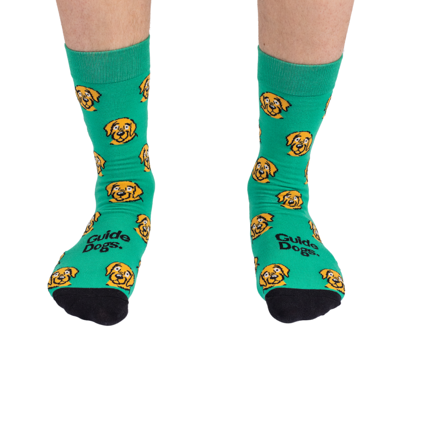 Image of Person wearing Socks - Coloured with green and yellow dog faces, "Guide Dogs" on toes, standing on white background.