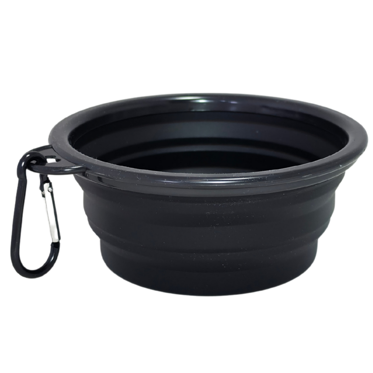 Image of a black collapsible silicone pet bowl with a black carabiner clip attached to the side, shown on a plain white background.