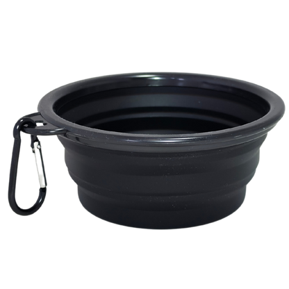 Image of a black collapsible silicone pet bowl with a black carabiner clip attached to the side, shown on a plain white background.