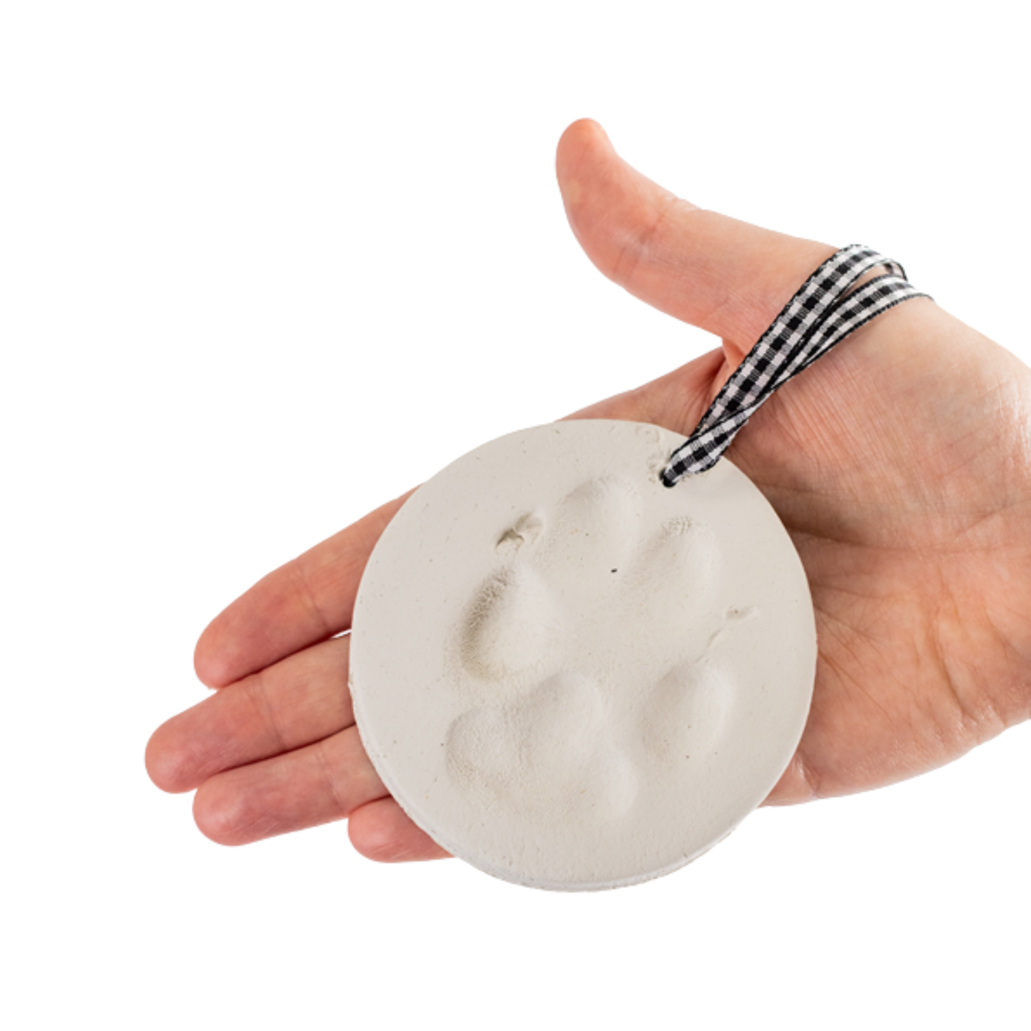 Image of a hand holding a Clay Paw Print ornament—a round clay keepsake with a paw print and checkered ribbon.