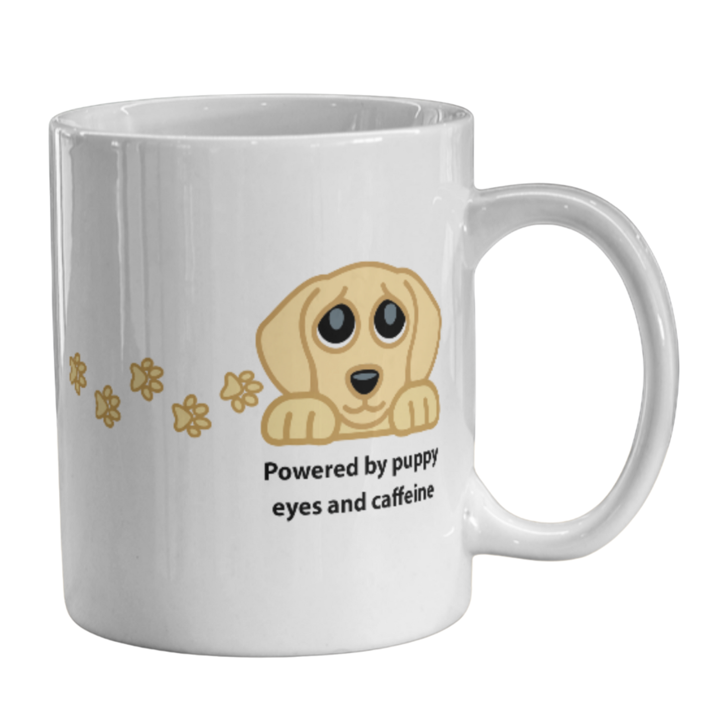 Image of a white ceramic coffee mug featuring a cartoon puppy graphic and the text 'Powered by puppy eyes and caffeine' on a plain white background.