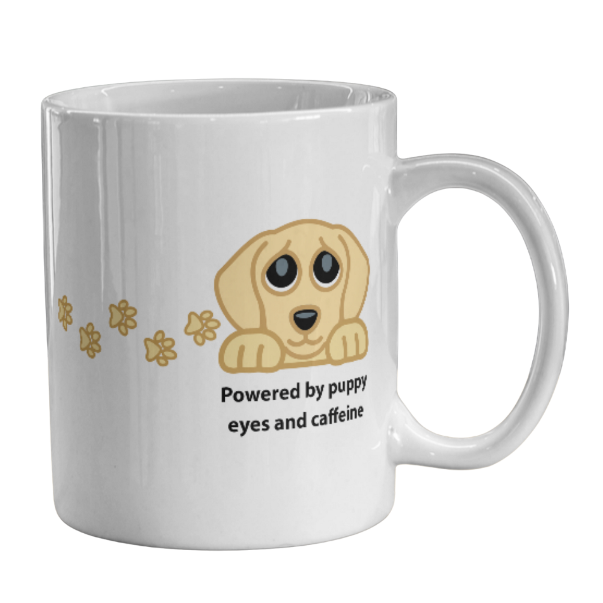 Image of a white ceramic coffee mug featuring a cartoon puppy graphic and the text 'Powered by puppy eyes and caffeine' on a plain white background.