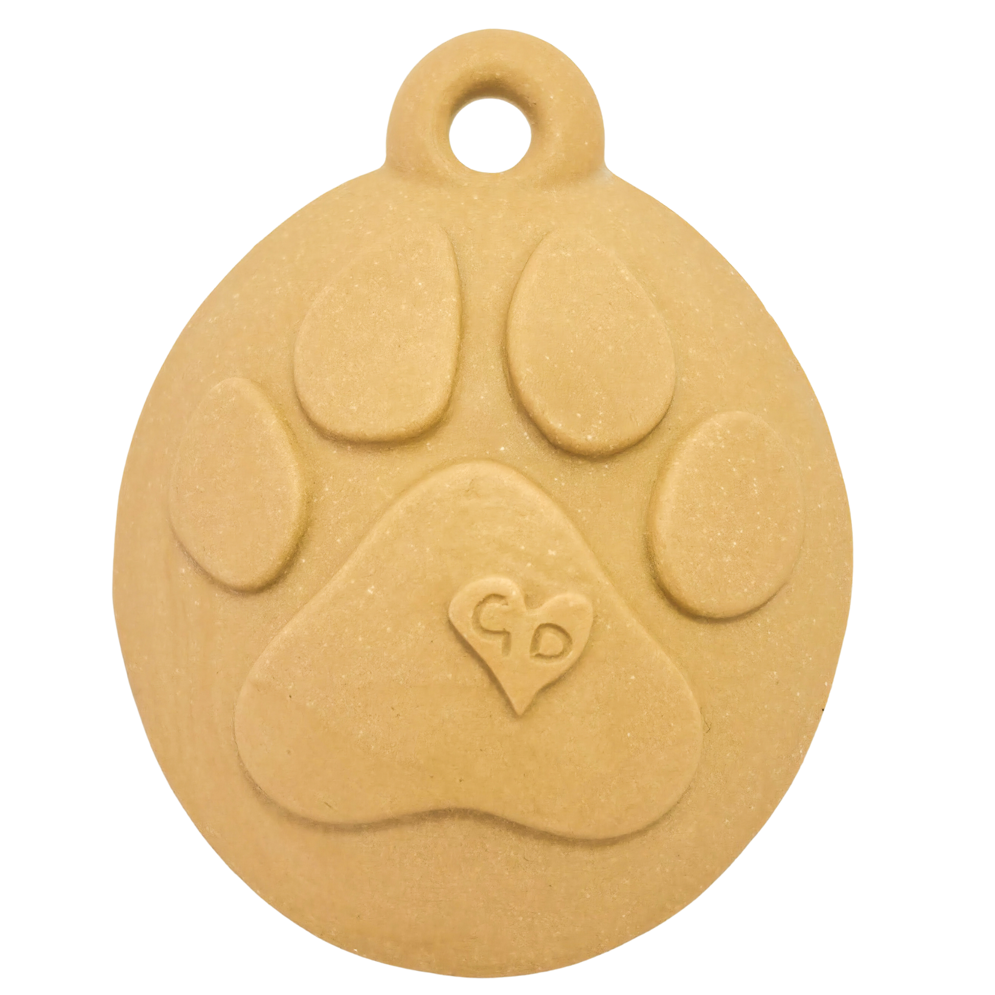 Image of Beige oval ceramic Christmas ornament with raised paw print and GD heart—ideal as a handcrafted pet keepsake.