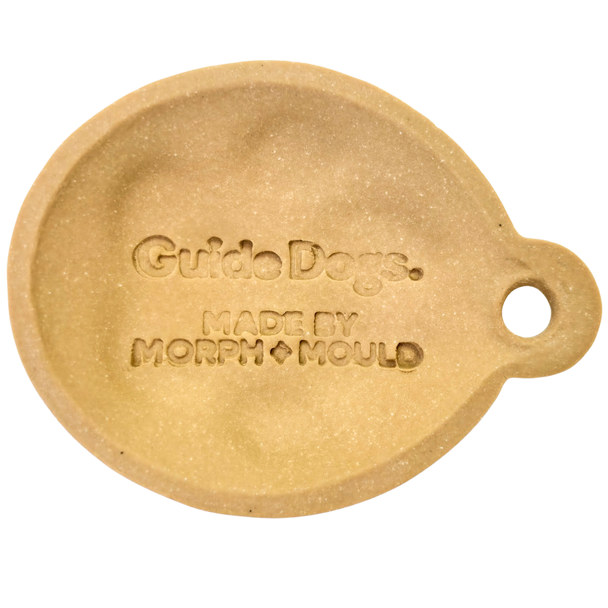 Image of Beige, round ceramic dog Christmas ornament by Morph + Mould, right-side hole, features Guide Dogs design.