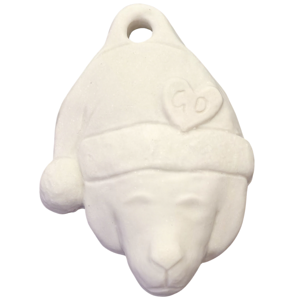 Image of Christmas Ornaments: White bear face with Santa hat and heart, ceramic, hole at top for hanging.