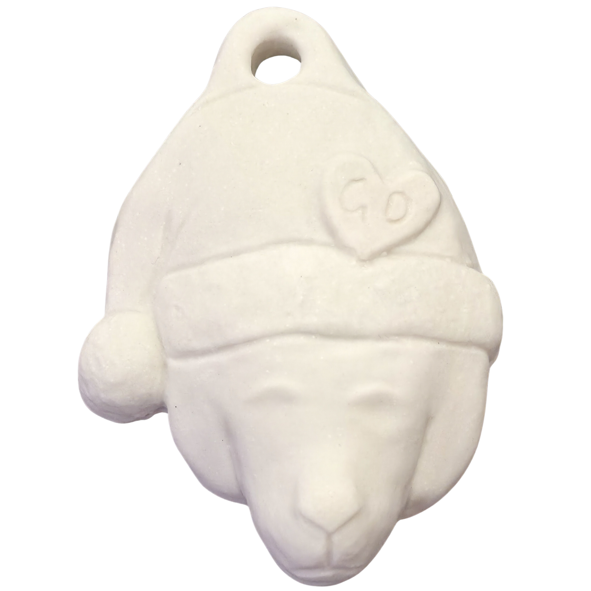 Image of Christmas Ornaments: White bear face with Santa hat and heart, ceramic, hole at top for hanging.