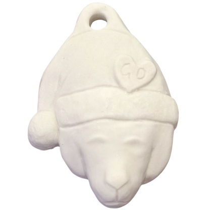 Image of Christmas Ornaments: White bear face with Santa hat and heart, ceramic, hole at top for hanging.