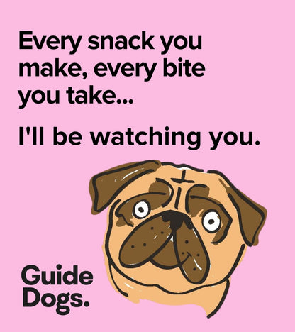 Image of a square magnet with "Every snack you make, every bite you take...I'll be watching you." and a brow pug dog face on a pink background.