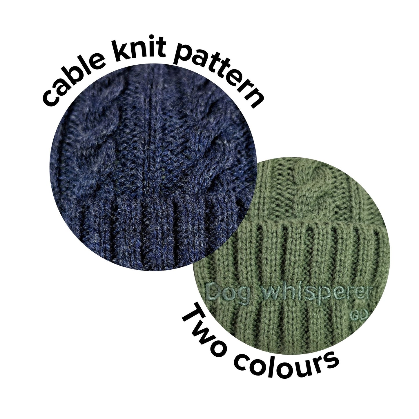 Image of two circular close-up views of cable knit fabric texture on a white background, labeled 'cable knit pattern' and 'Two colours', showing one dark navy blue swatch and one muted olive green swatch.