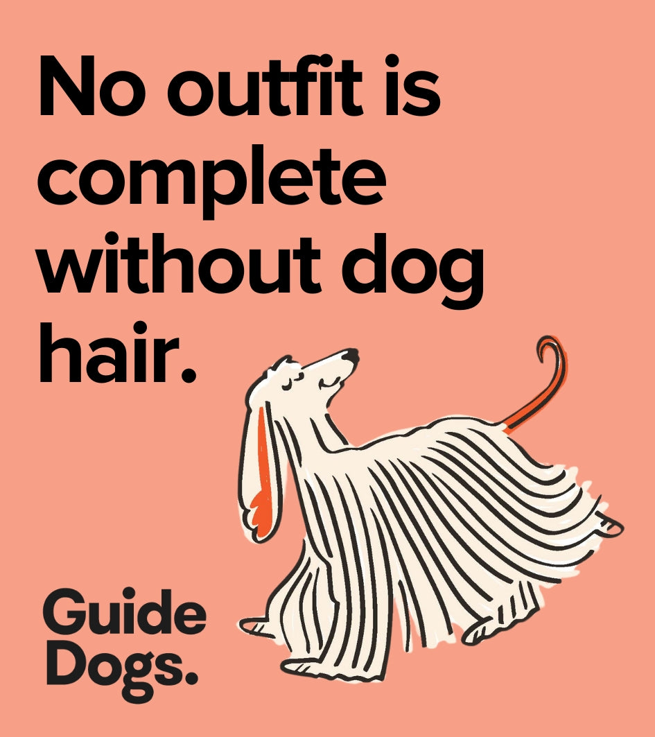 Image of a square magnet with text 'No outfit is complete without dog hair." and an image of a white long-haired dog on an apricot background.