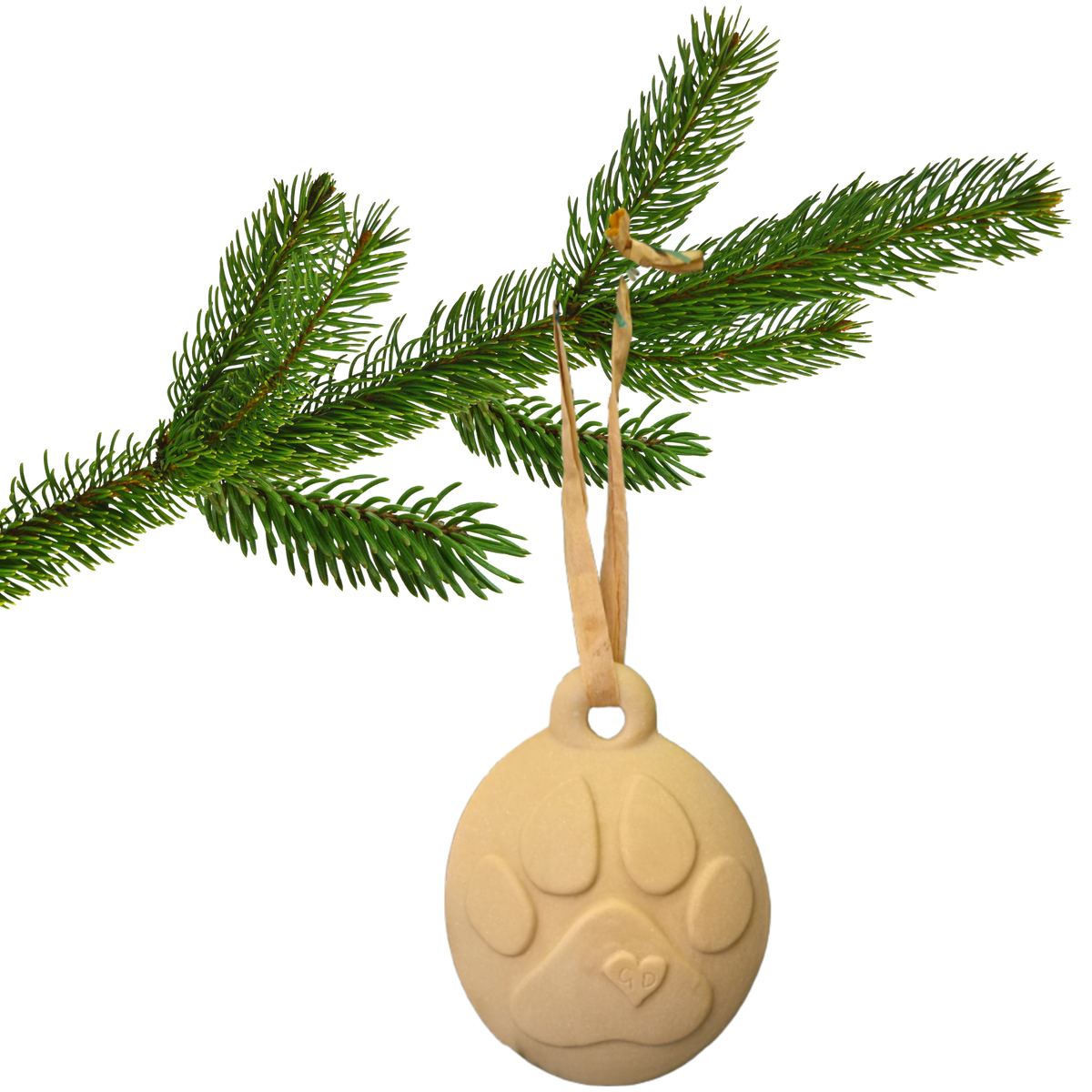 Image of A pine branch holds a Christmas Ornament—a beige ceramic dog with paw print and ribbon loop for hanging.
