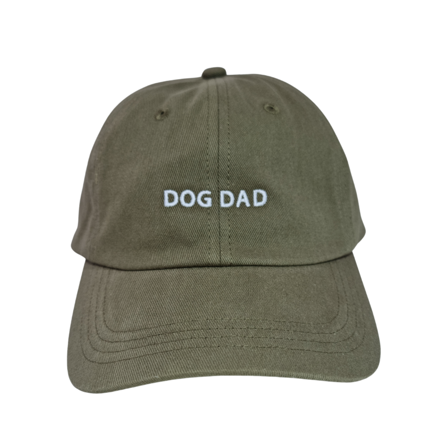 Image of Olive green Caps with DOG DAD embroidered in white—perfect accessory for any dog lover.