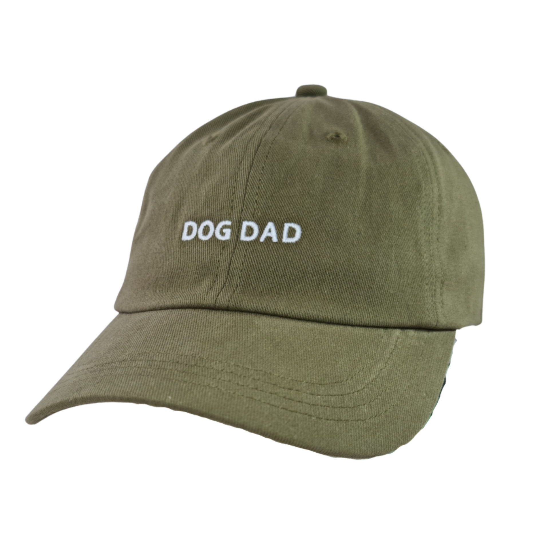 Image of Olive green Caps with white embroidered Dog Dad text, the perfect accessory for dog lovers.