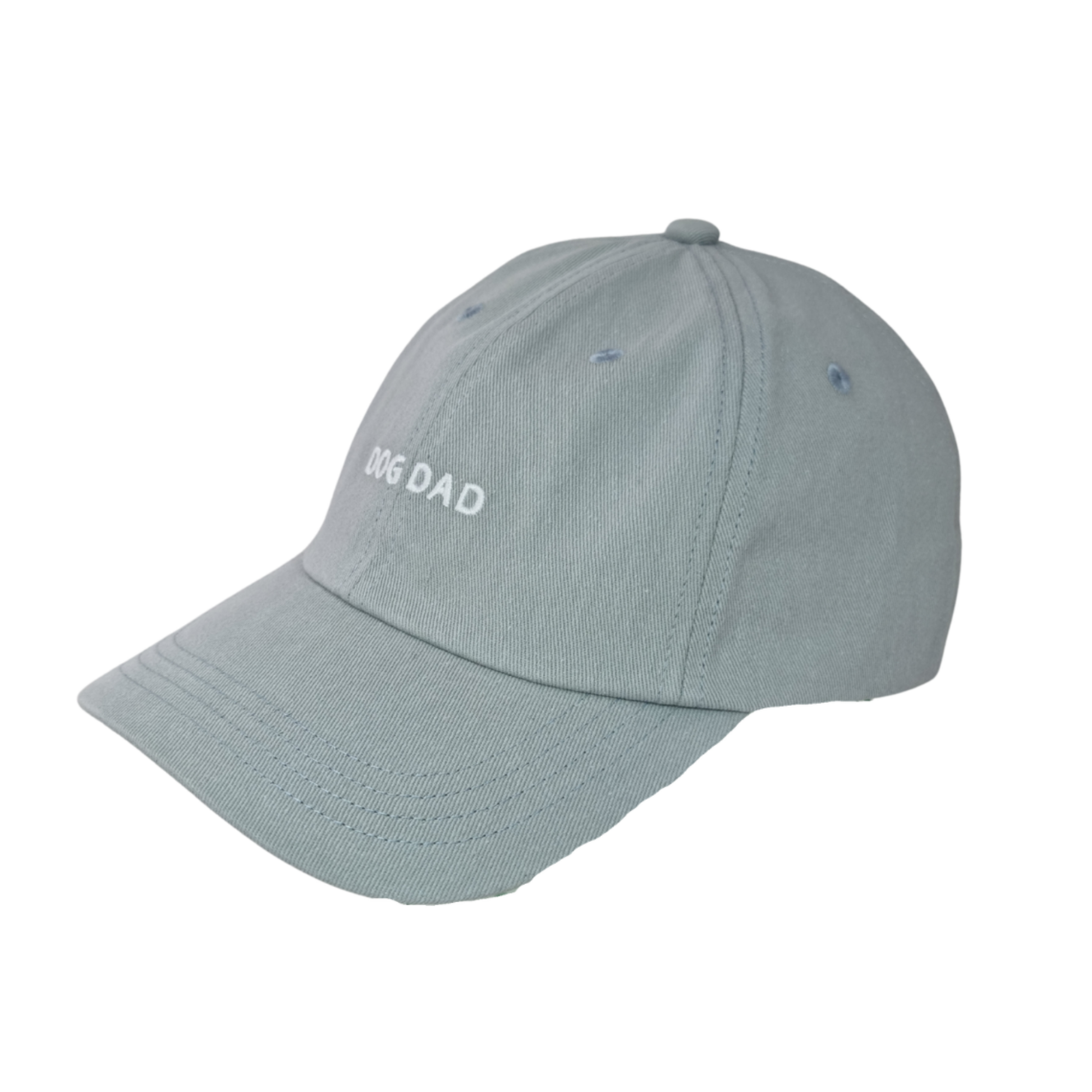 Image of Light blue Caps hat with DOG DAD embroidered in white—perfect accessory for dog lovers.