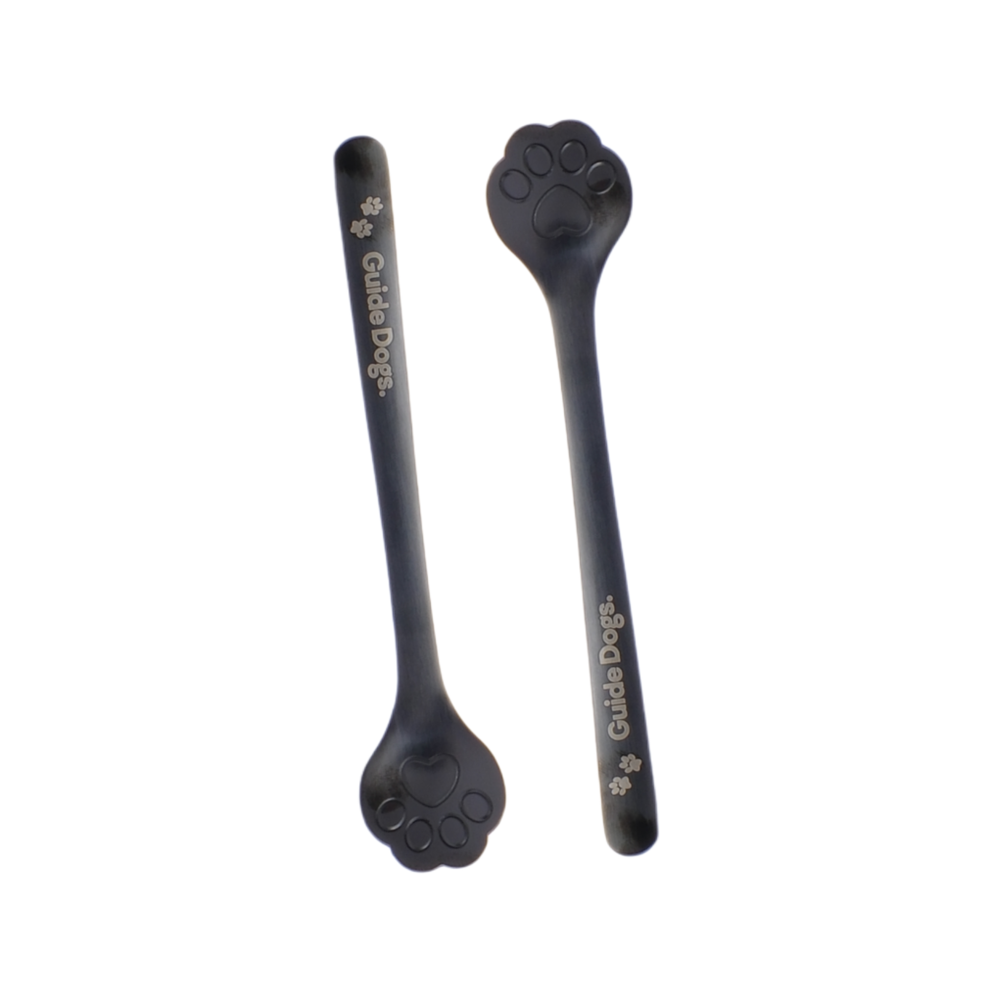 Image of Two Paw Spoon - Black with Guide Dogs logos, perfect for dog breakfast, displayed on a white background.