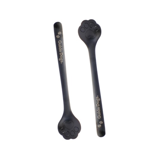 Image of Two Paw Spoon - Black with Guide Dogs logos, perfect for dog breakfast, displayed on a white background.