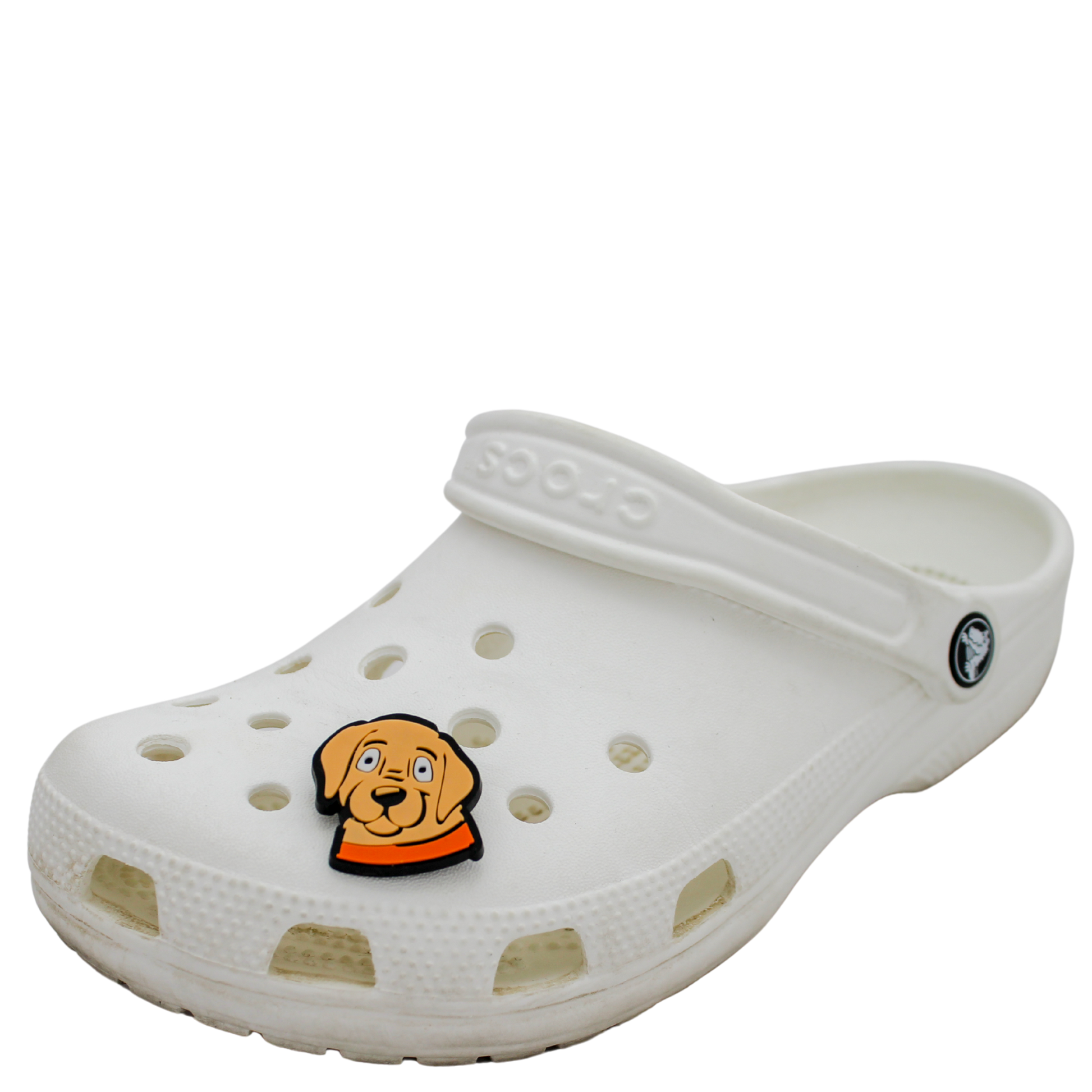 Image of a white clog shoe with a beige puppy face with orange collar Shoe Charm on the front.