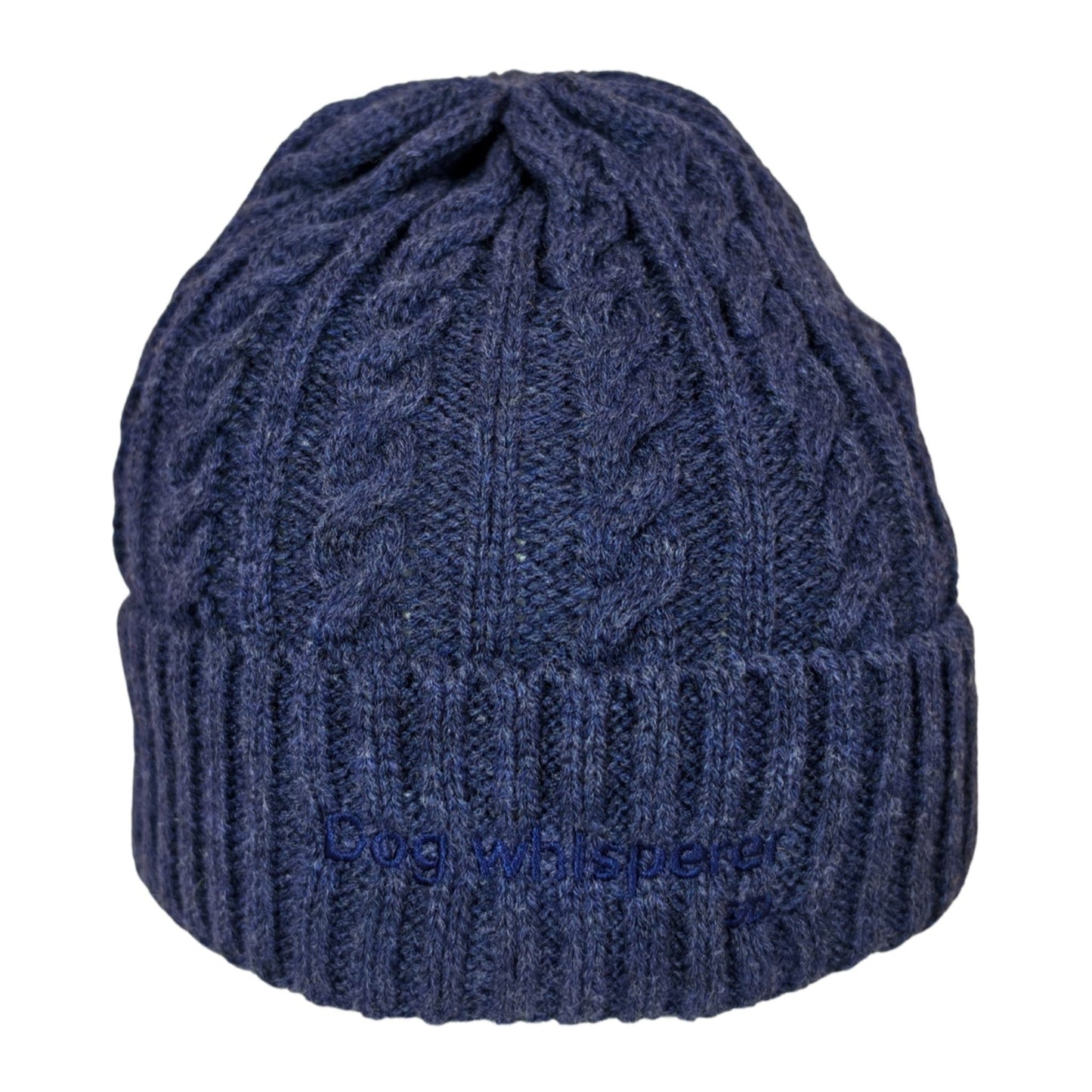 Image of a  navy blue cable-knit beanie hat with a ribbed cuff and the embroidered text 'Dog Whisperer' on the front, shown against a plain white background.