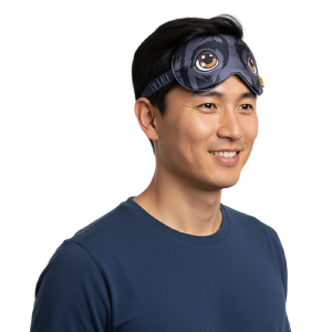 Image of a man in a blue shirt smiles while wearing the Eye Mask with cartoon eyes, posed against a white background.