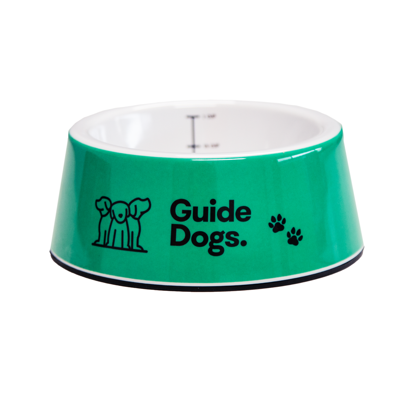 Image of a green pet bowl with 'Guide Dogs' text and logo on a white background