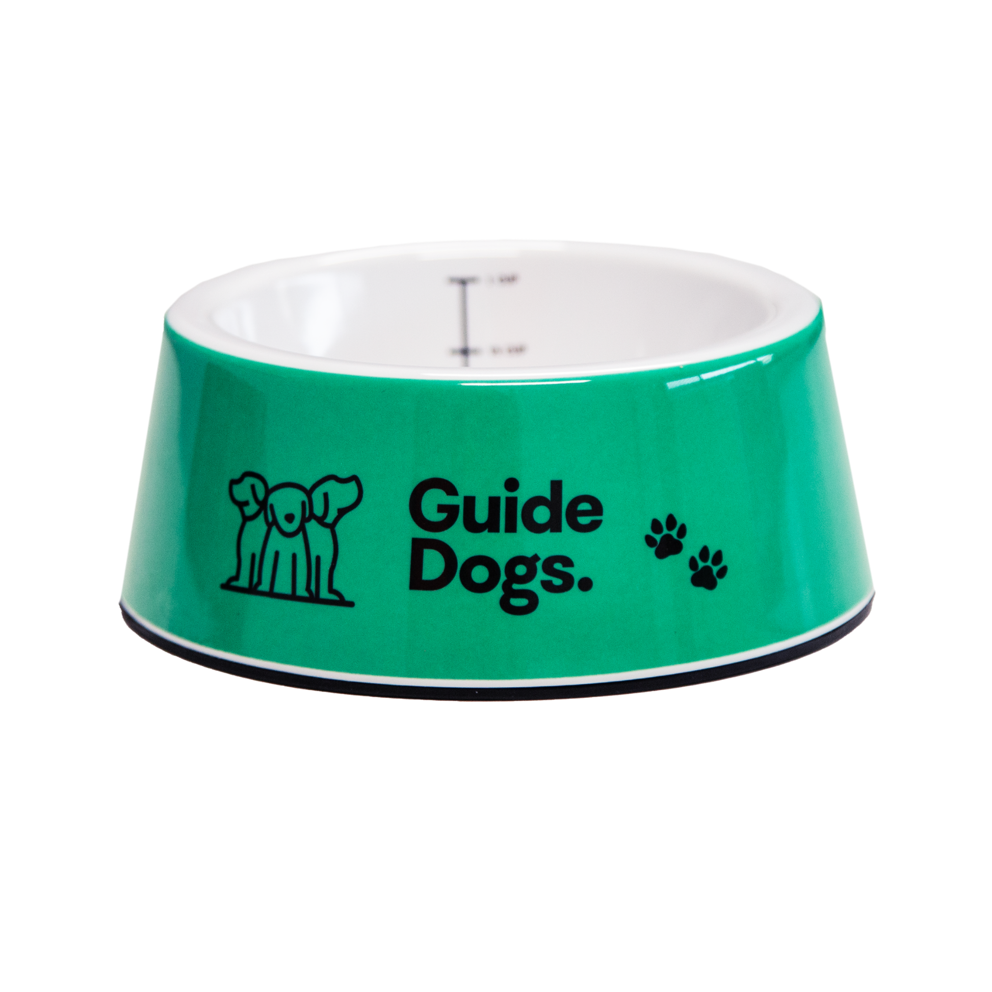 Image of a green pet bowl with 'Guide Dogs' text and logo on a white background