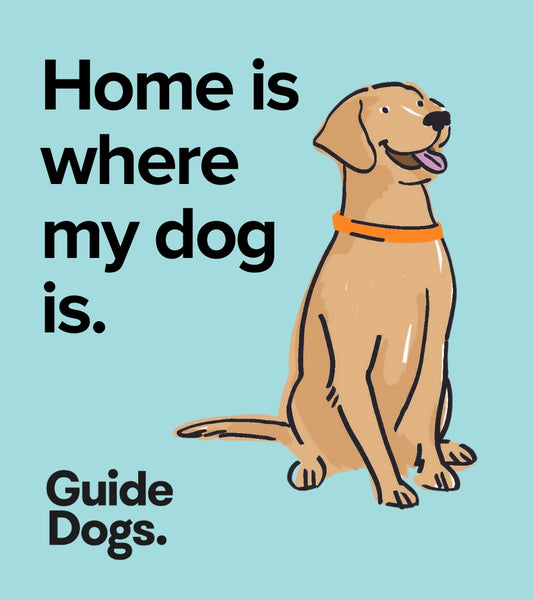 Image of a square magnet. Smiling dog illustration with "Home is where my dog is" on light blue. 