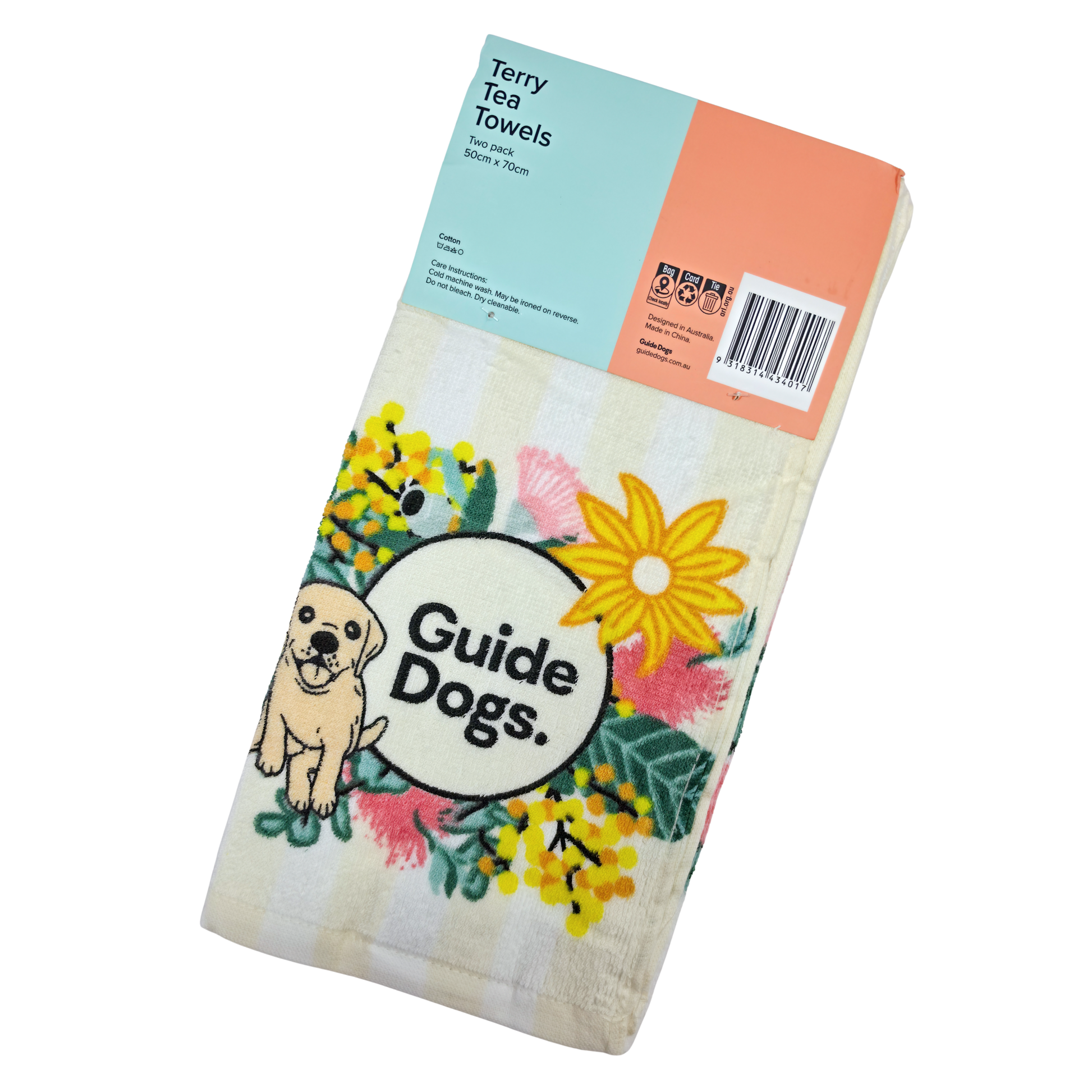 Image of tea towel with Guide Dogs logo and floral design on a white background