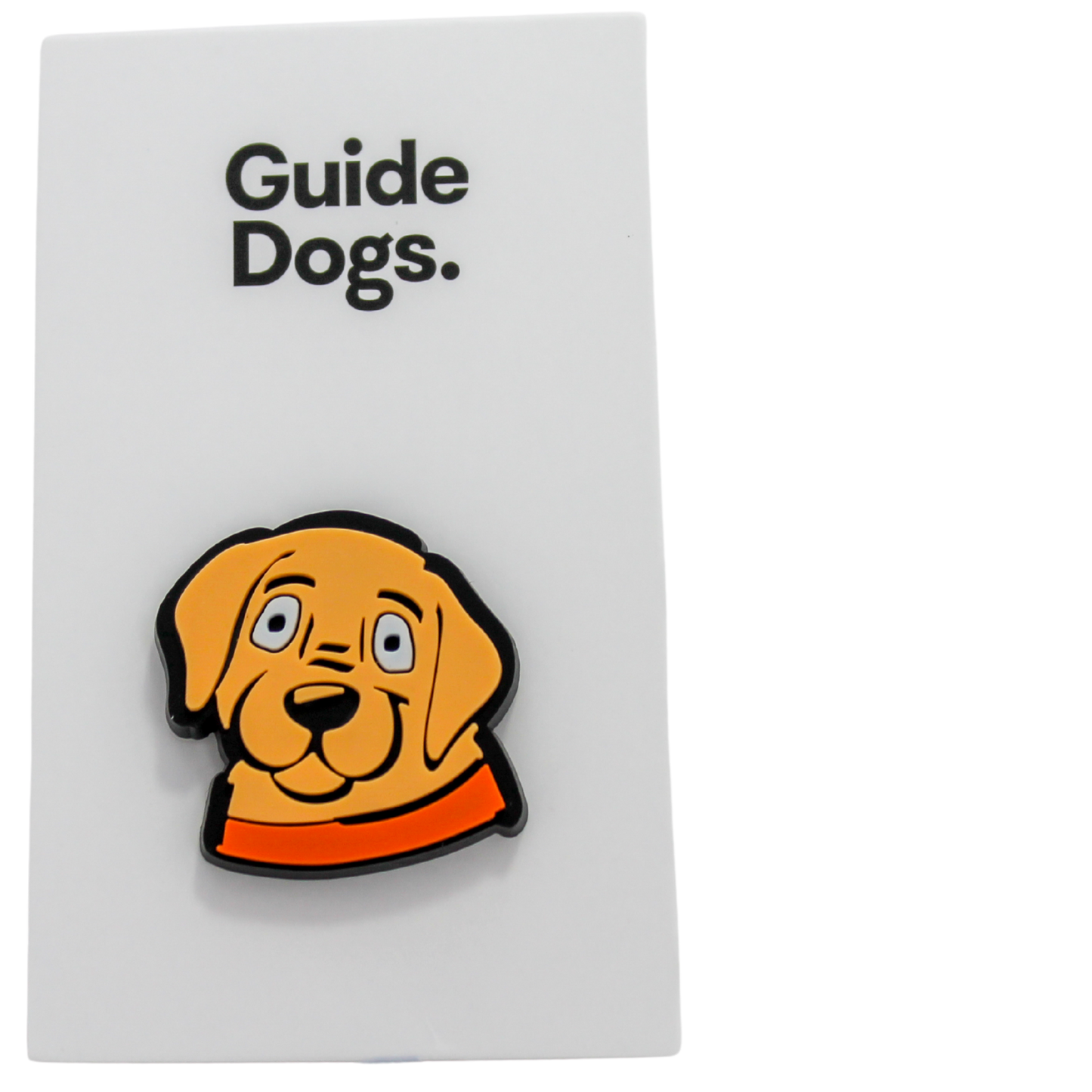Image of a beige puppy face with orange collar on a white card with text of 'Guide Dogs'.