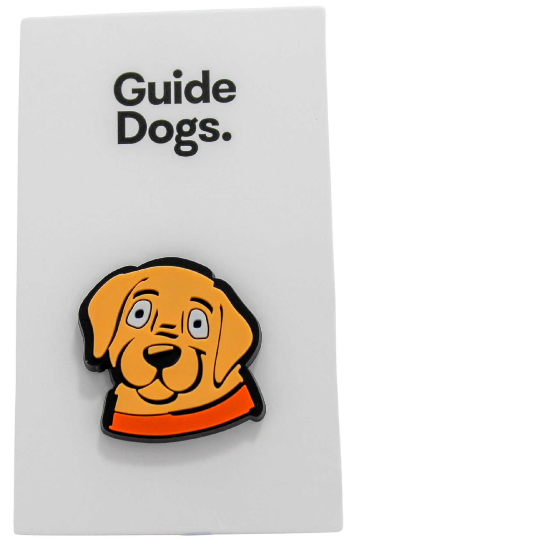 Image of a beige puppy face with orange collar on a white card with text of 'Guide Dogs'.