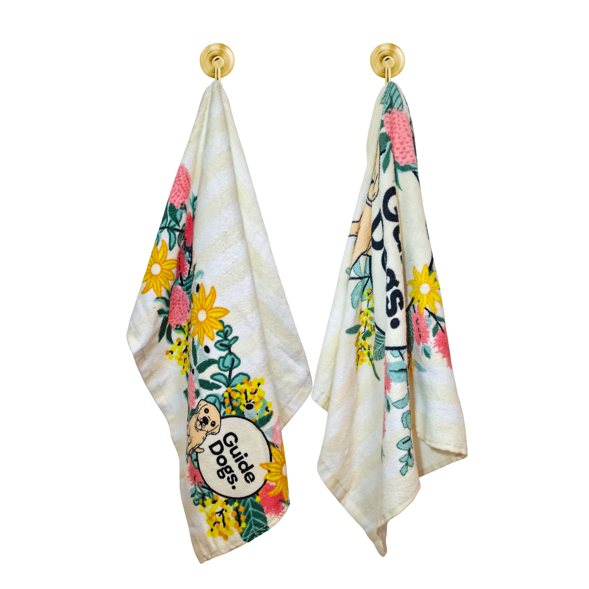 Image of two floral-themed towels with 'Guide Dogs' logo on a white background
